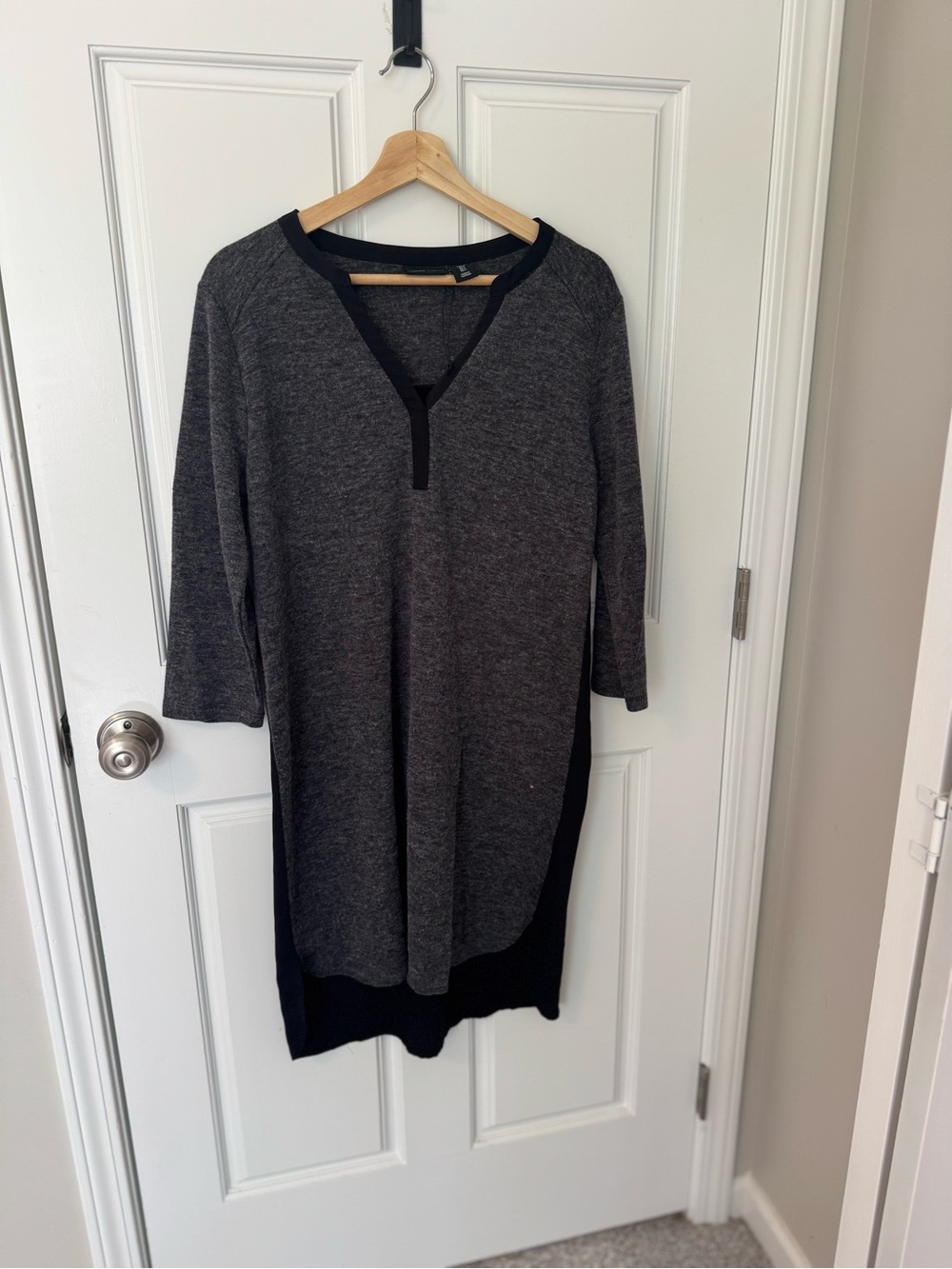 Adrienne Vittadini Gray V-Neck Knit Dress with Black Trim